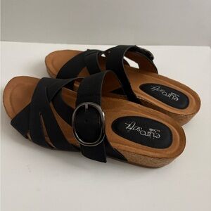 Sofft Black and Tan Sandals with Silver Buckle